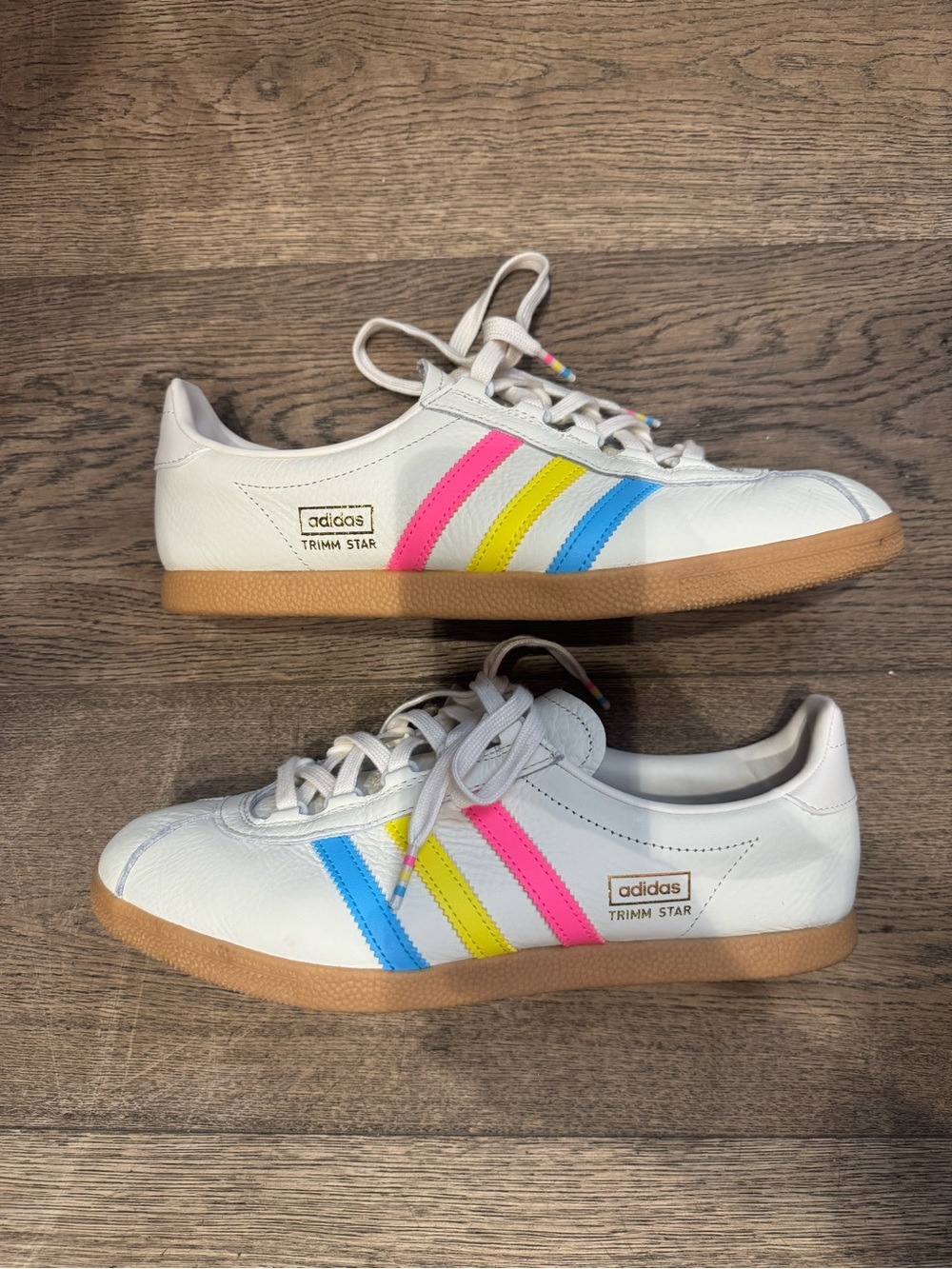 adidas White Sneakers with Pink, Yellow & Blue Stripes